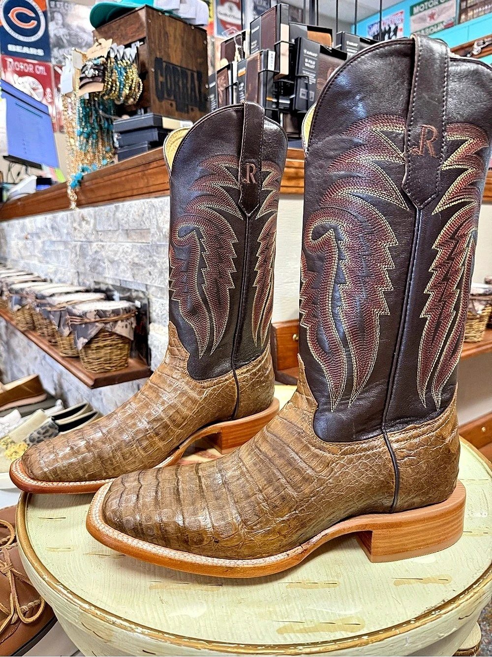 R. Watson Men's Coco Caiman Belly Wide Square Toe Western Boots Western Boots